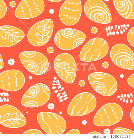 Happy Easter seamless pattern with eggs on color background. Polka dots design for card, postcard, wallpaper, posters. Vector stock illustration. Cartoon style 120022182