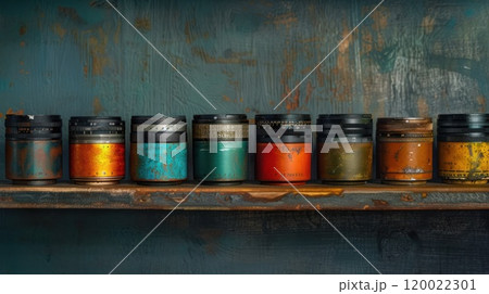 A row of vintage film canisters on a wooden shelf against a blue painted background. 120022301