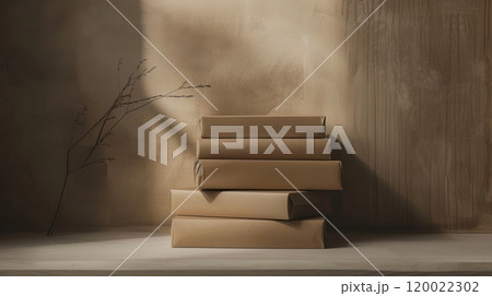 Stack of five brown gift boxes in front of a wood background with a sprig of dried flowers and sunlight coming through the window. 120022302