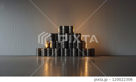 A pyramid of metal barrels stacked in front of a white wall with a light reflecting on the floor. 120022306