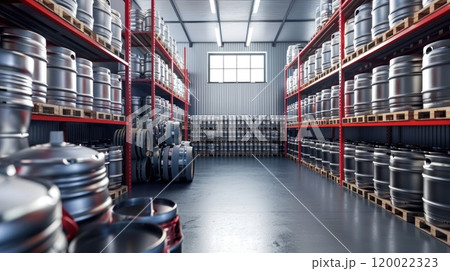 A large warehouse with rows of stacked kegs. A large warehouse with rows of stacked kegs. 120022323
