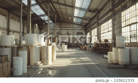 An industrial warehouse with large windows and stacks of white barrels. 120022335