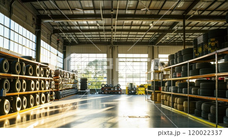 A large warehouse with rows of tires stacked on shelves. The sun shines through the windows, casting long shadows on the floor. 120022337
