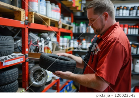 A mechanic is inspecting a tire in a shop. 120022345