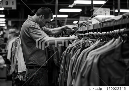 A man in a retail store looking at clothes on a rack. 120022346