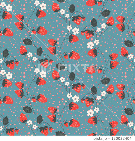 Seamless pattern with strawberry on color background. Natural delicious fresh ripe tasty fruit. Vector illustration for print, fabric, textile, banner, other design. Food concept. 120022404