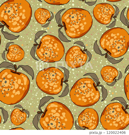 Seamless pattern with apple on color background. Natural delicious fresh ripe tasty fruit. Vector illustration for print, fabric, textile, banner, design. Stylized apples with leaves. Food concept 120022406