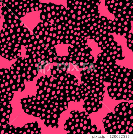 Abstract modern leopard seamless pattern. Animals trendy background. Black and pink decorative vector stock illustration for print, card, postcard, fabric, textile. Modern ornament of stylized skin Abstract modern leopard seamless pattern. Animals trendy background. Black and pink decorative vector stock illustration for print, card, postcard, fabric, textile. Modern ornament of stylized skin 120022555