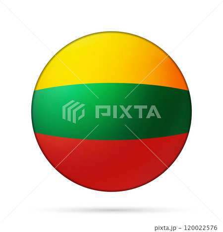 Glass light ball with flag of Lithuania. Round sphere, template icon. Lithuanian national symbol. Glossy realistic ball, 3D abstract vector illustration highlighted on a white background. Big bubble 120022576