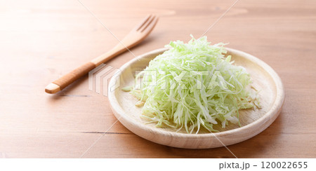 新鮮なキャベツの千切り（ 木目背景 ） 120022655