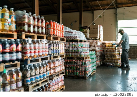 A man in a warehouse stacks cases of bottled beverages on pallets. 120022895