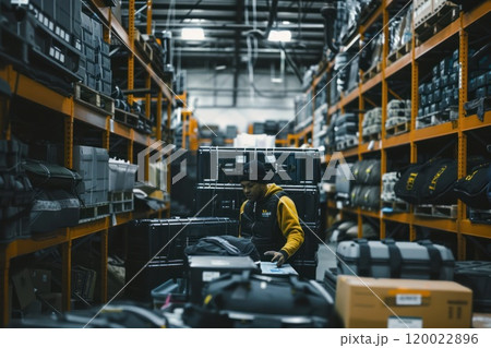 A worker in a warehouse checks inventory in a cluttered aisle. A worker in a warehouse checks inventory in a cluttered aisle. 120022896