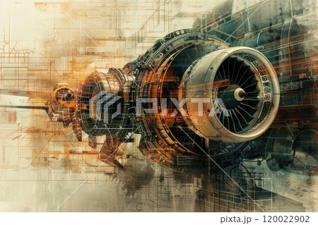 Abstract digital illustration of jet engine with grunge and futuristic elements. 120022902