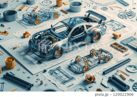 A disassembled car model with various parts spread around on technical blueprints. A disassembled car model with various parts spread around on technical blueprints. 120022906