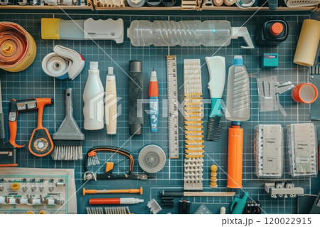 A flat lay of various cleaning supplies and tools, arranged in a grid pattern on a blue surface. 120022915