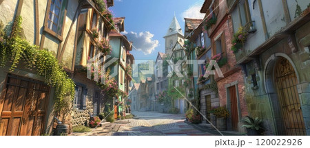 A picturesque street in a small town, lined with colorful buildings, flowers, and greenery. 120022926