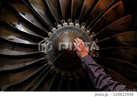A hand resting on the center of a large aircraft engine with many blades. 120022930