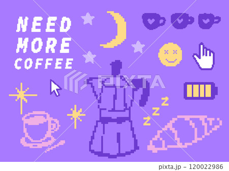 Coffee and study pixel art set, retro 8bit elements at techno purple background, computer interface arrow and hand cursor Coffee and study pixel art set, retro 8bit elements at techno purple background, computer interface arrow and hand cursor 120022986