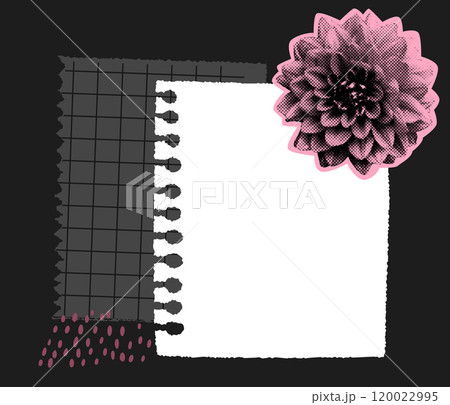 Torn memo blank page, halftone dritty pink chrysanth flower cutout. Ripped notes, retro collage 120022995