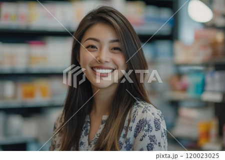 Smiling woman in floral shirt at modern pharmacy 120023025