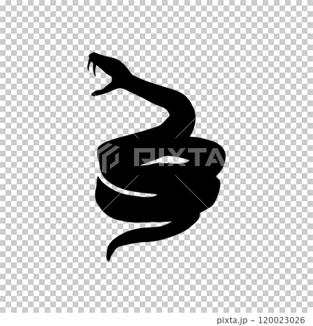 Silhouette illustration of a coiled snake showing its fangs and threatening 120023026