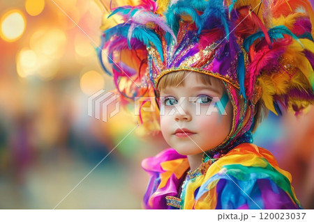 Colorful carnival child in vibrant feathered costume celebrating festival joy. Mardi Gras 120023037