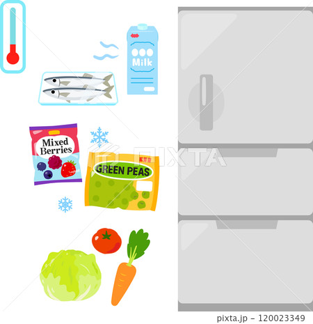 冷蔵庫と冷蔵食品、冷凍食品、野菜 120023349