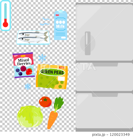 冷蔵庫と冷蔵食品、冷凍食品、野菜 120023349