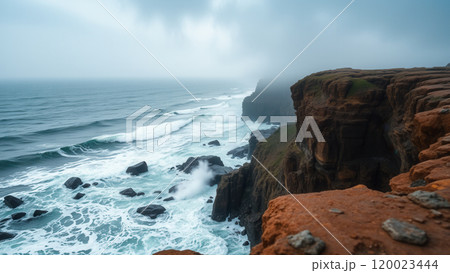 A high rocky shore on an overcast foggy day 120023444