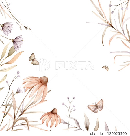 Square Frame with pastel color autumn fantasy botanical and butterflys. Watercolor hand painting illustration on isolated background. Banner of flowers with herbs and dried branches. 120023590