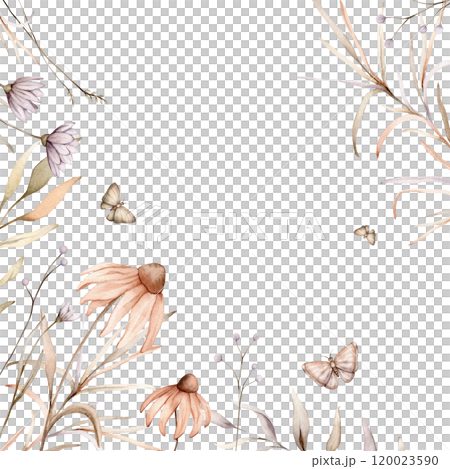 Square Frame with pastel color autumn fantasy botanical and butterflys. Watercolor hand painting illustration on isolated background. Banner of flowers with herbs and dried branches. 120023590