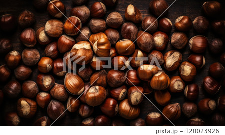 Large group og Hazelnuts. Food background. Generative AI 120023926