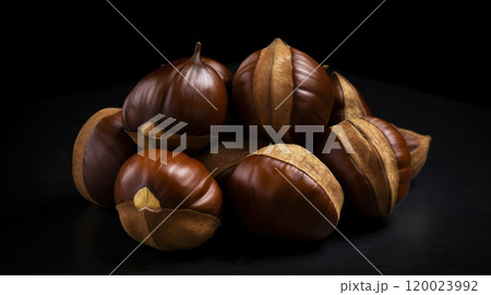 Top view on heap of chestnuts on dark backdrop. Pile of ripe chestnuts for food background. Generative AI Top view on heap of chestnuts on dark backdrop. Pile of ripe chestnuts for food background. Generative AI 120023992