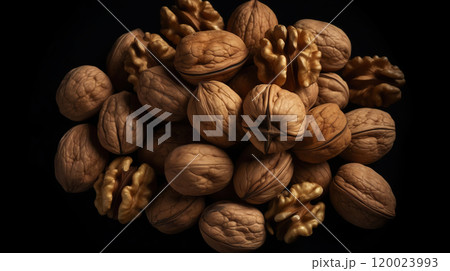 Walnuts with and without shells filling the view on dark background. Top view of fresh walnuts. Generative AI Walnuts with and without shells filling the view on dark background. Top view of fresh walnuts. Generative AI 120023993