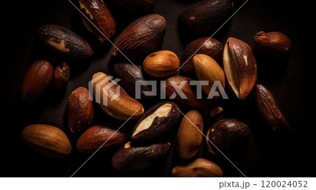 Many delicious Brazil nuts as background, top view. Generative AI 120024052