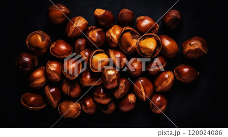 Many dried acorn nuts background. Top view on large group of nuts. Generative AI Many dried acorn nuts background. Top view on large group of nuts. Generative AI 120024086