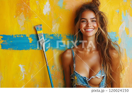 Smiling young female painter in designer denim overalls. Smiling young female painter in designer denim overalls. 120024150