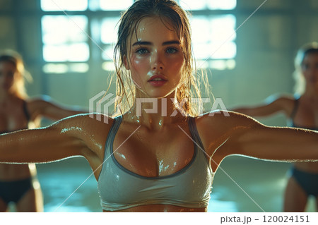 Young woman with skin wet with sweat works out in gym. 120024151