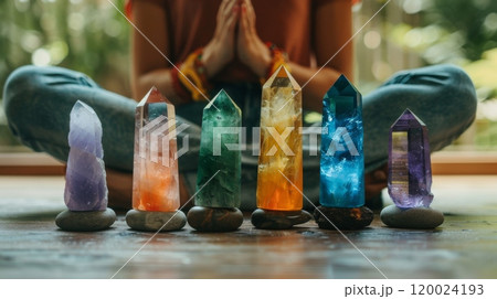 Chakra healing crystals placed on stones in front of meditating person. Harmony and inner energy 120024193