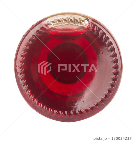 Glass bottle, water red bottom view isolated on white background Glass bottle, water red bottom view isolated on white background 120024237