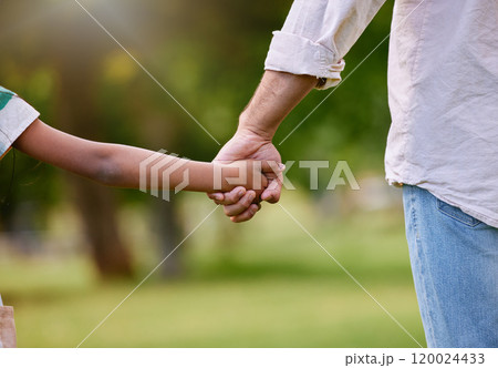 Mother, child and holding hands in nature park, walking and garden with love for support or trust with people. Family, kid and outside for bonding with woman, summer and together for back view 120024433