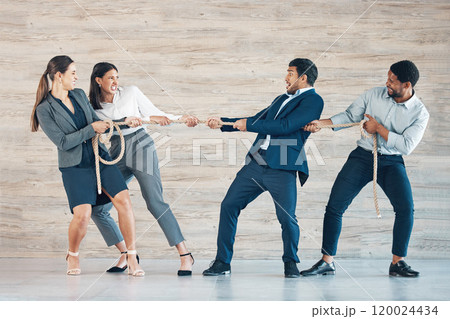Group, people and pull rope in office for opportunity, recruitment and conflict solution of competition. Frustrated, workers and tug of war with teamwork, power and support of interview challenge 120024434