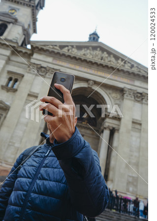 taking a selfie in front of St Stephens, Budapest 120024533
