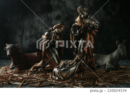 the holy family, and the donkey and the ox 120024534