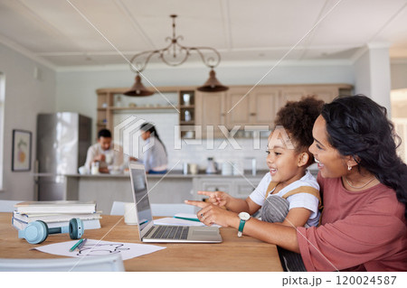 Mother, girl or happy with laptop in home for learning, education or homeschool lesson with remote work. People, mom or daughter with technology for study activity, pointing or support in dining room 120024587
