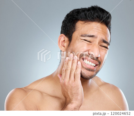Pain, man and studio with hand for toothache, mouth and sore on white background. Dental care, cavity and medical help for gum disease and injury for male person, decay and cheek for healthy teeth 120024652