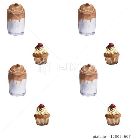 Seamless watercolor pattern with glasses of coffee and cupcakes. Watercolor illustration on white background. For wrapping paper, packaging, printing Seamless watercolor pattern with glasses of coffee and cupcakes. Watercolor illustration on white background. For wrapping paper, packaging, printing 120024667