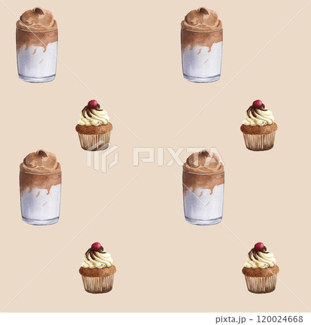 Seamless watercolor pattern with glasses of coffee and cupcakes. Watercolor illustration on beige background. For wrapping paper, packaging, printing Seamless watercolor pattern with glasses of coffee and cupcakes. Watercolor illustration on beige background. For wrapping paper, packaging, printing 120024668