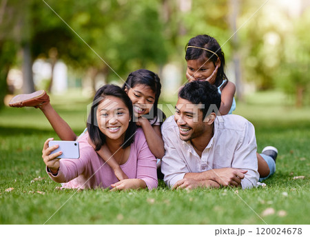 Family, selfie and children in nature park, happiness and smile or bonding memory together with girls. Capture, photography and social media update with people, parents and relax with love or support 120024678