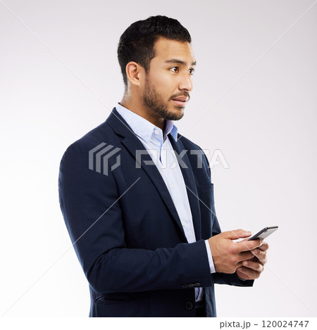 Contact, thinking and business man with mobile in studio for communication, networking or email client on white background. Online, thoughtful and male employee for idea, problem solving or texting Contact, thinking and business man with mobile in studio for communication, networking or email client on white background. Online, thoughtful and male employee for idea, problem solving or texting 120024747